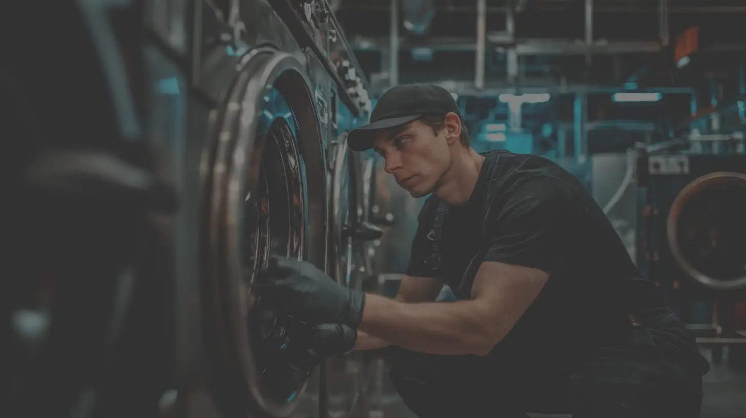 Technician repairing a commercial washing machine