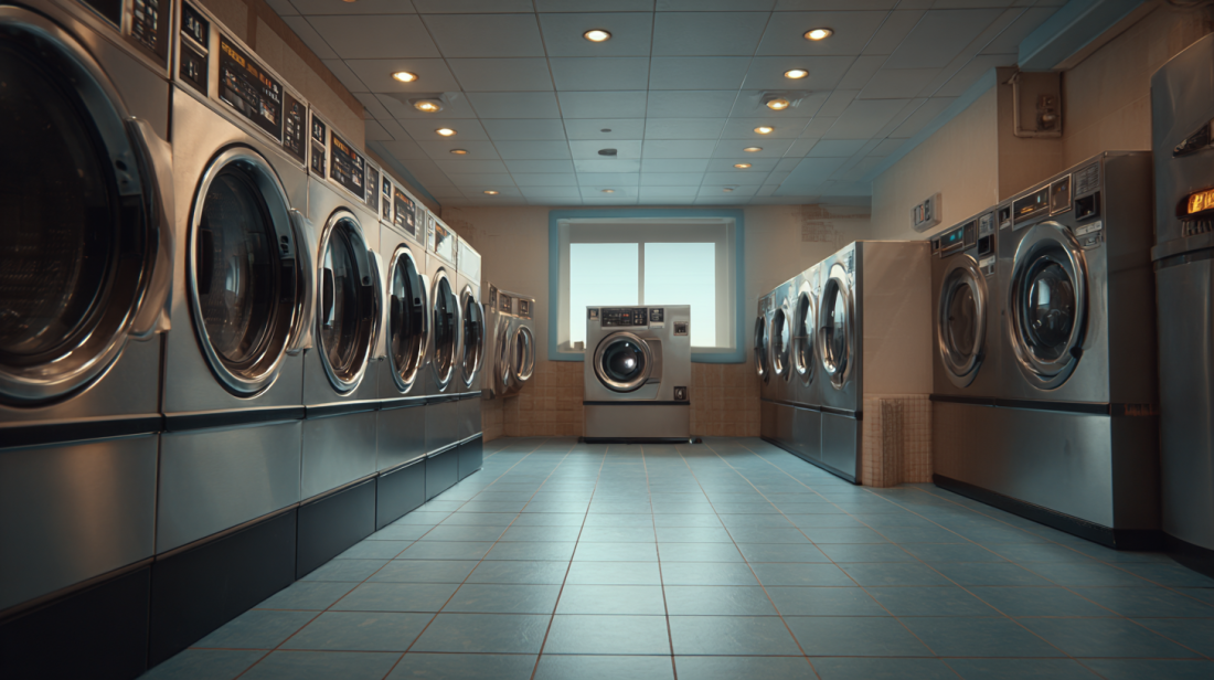Row of commercial washing machines